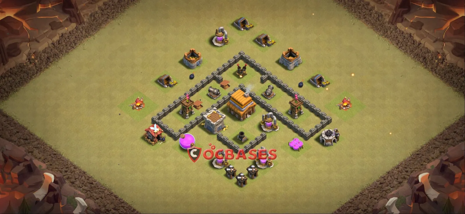 Anti-3 Star (War) Base TH4 with Link | Clash of Clans Bases | Layouts ID hpsq7